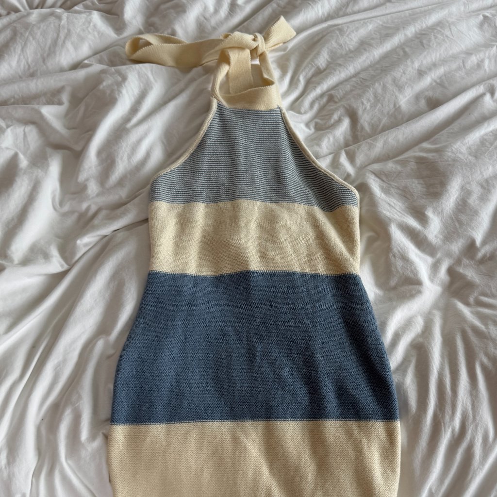 Blue And White Indikah Block Mini Halter Dress